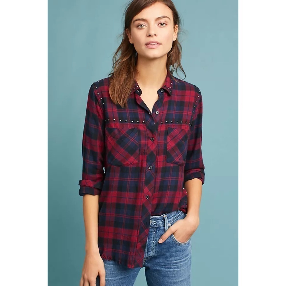 Anthropologie Rails Studded Rex Red and Blue Plaid Button Down Shirt Fray Hem